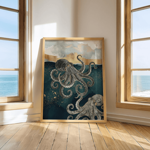 Modern Octopus Wall Art print in blue and gold for modern living room