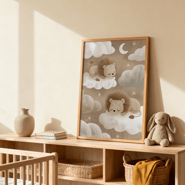 Lions Nursery Art wall art, beige and gray, ideal for child’s nursery