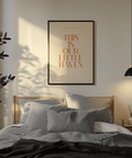 Stacked serif quote wall art in orange on beige with small top and bottom captions