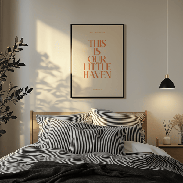 Stacked serif quote wall art in orange on beige with small top and bottom captions