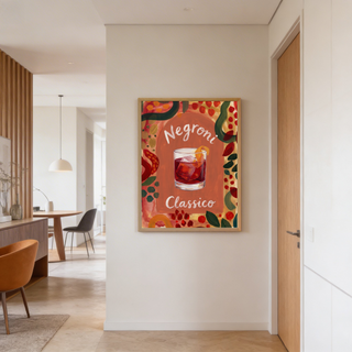 Painterly arch motif surrounding ruby drink and green leaf accents