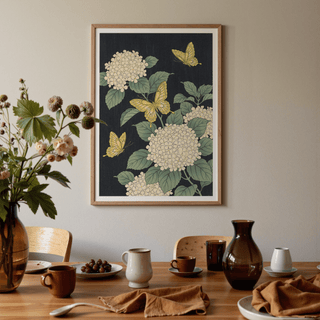 Vintage Butterfly Poster, classic butterfly motif, Yellow flowers, wall decor