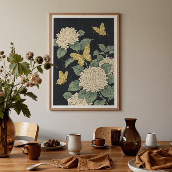 Vintage Butterfly Poster, classic butterfly motif, Yellow flowers, wall decor