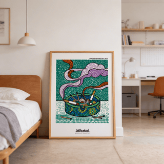 Modern wall art print showing smoke trails looping above a mosaic-style ashtray