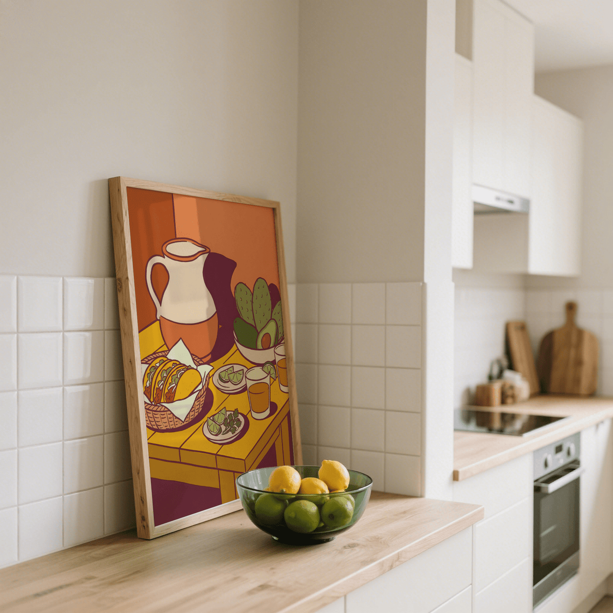 Playful Taco Art Print in Green and Orange for dining space decor