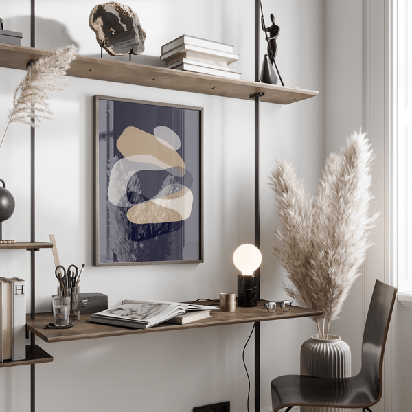 abstract art shapes poster in Blue and White for minimalist interiors