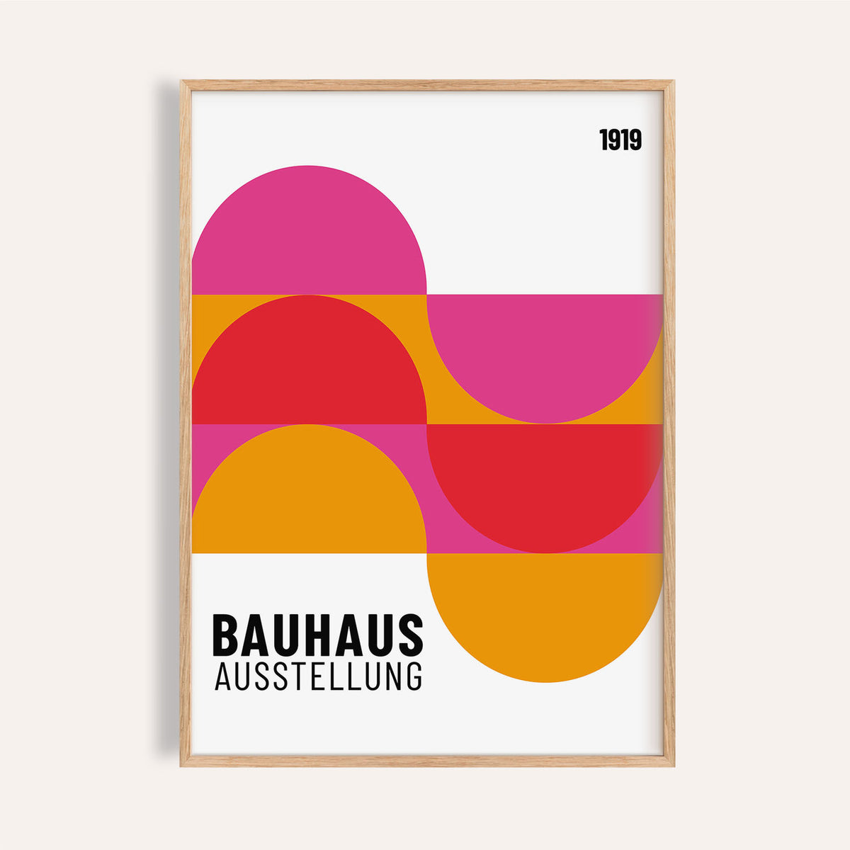Large artwork for walls with bold Bauhaus shapes in pink and red tones