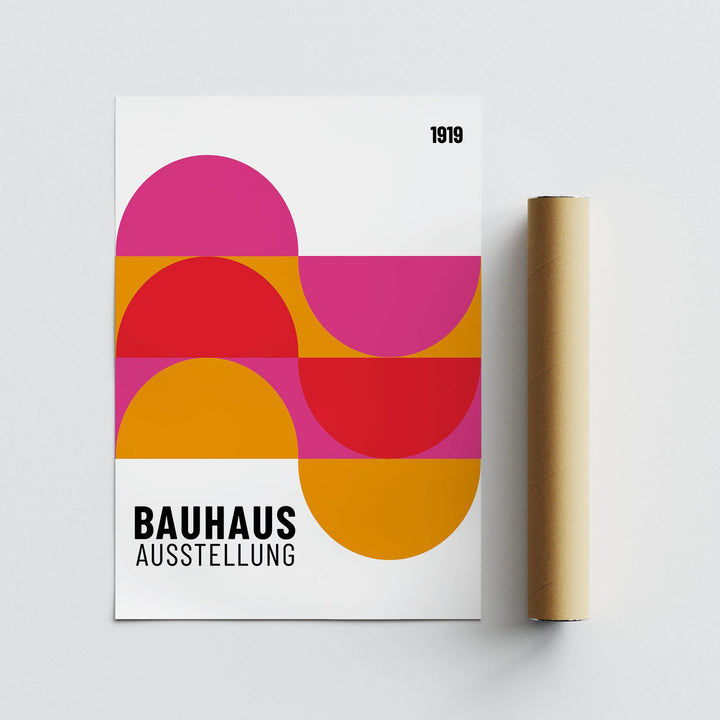 Large Artwork for Walls with semi-circles in pink, red and orange next to a brown packaging tube
