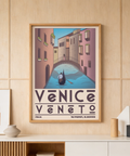 Close-up of gondola on canal print poster with gondolier and rippled water, Venice Travel Poster