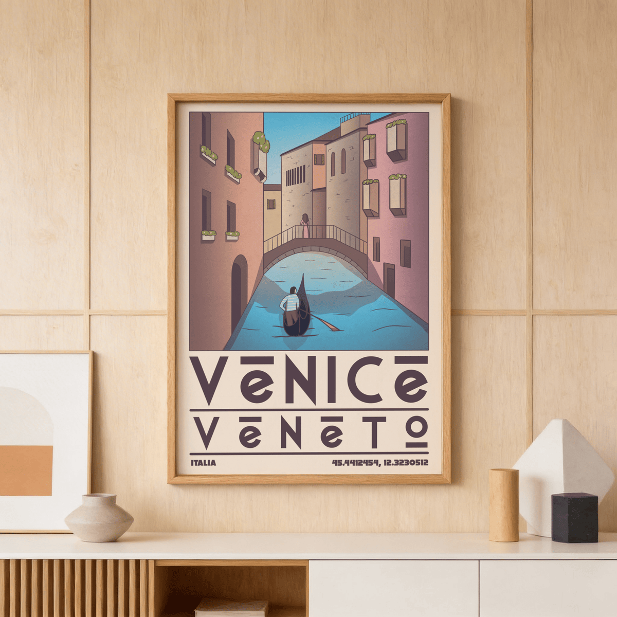 Close-up of gondola on canal print poster with gondolier and rippled water, Venice Travel Poster