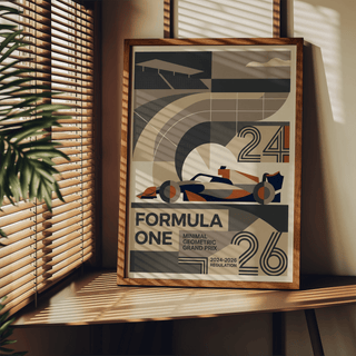Layered abstract race car poster print with curved lines, rectangular panels, and numeral motifs