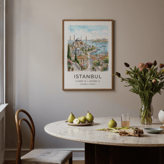 Architectural Istanbul Cityscape Art Print with layered rooftops, trees, and distant skyline