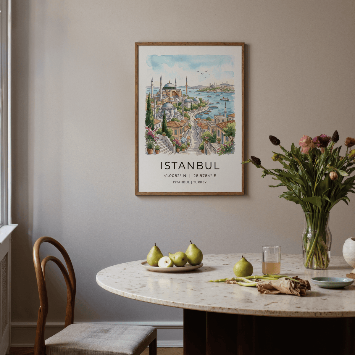 Architectural Istanbul Cityscape Art Print with layered rooftops, trees, and distant skyline