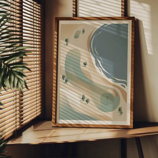 Modern landscape poster of a coastal golf hole with green, flagstick, and abstract fairway shapes