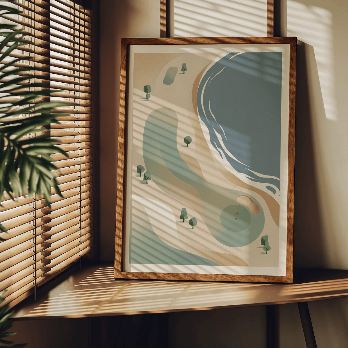 Modern landscape poster of a coastal golf hole with green, flagstick, and abstract fairway shapes