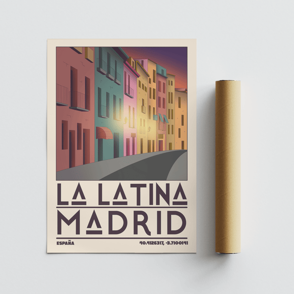 Living room mockup displaying La Latina neighborhood art with bold lettering