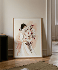 Woman Holding Flowers Print square artwork with beige background