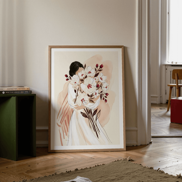 Woman Holding Flowers Print square artwork with beige background