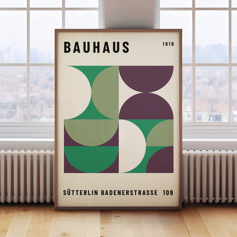 Bauhaus geometric poster green and plum design
