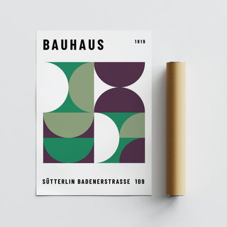 Mid century modern art in green and plum tones