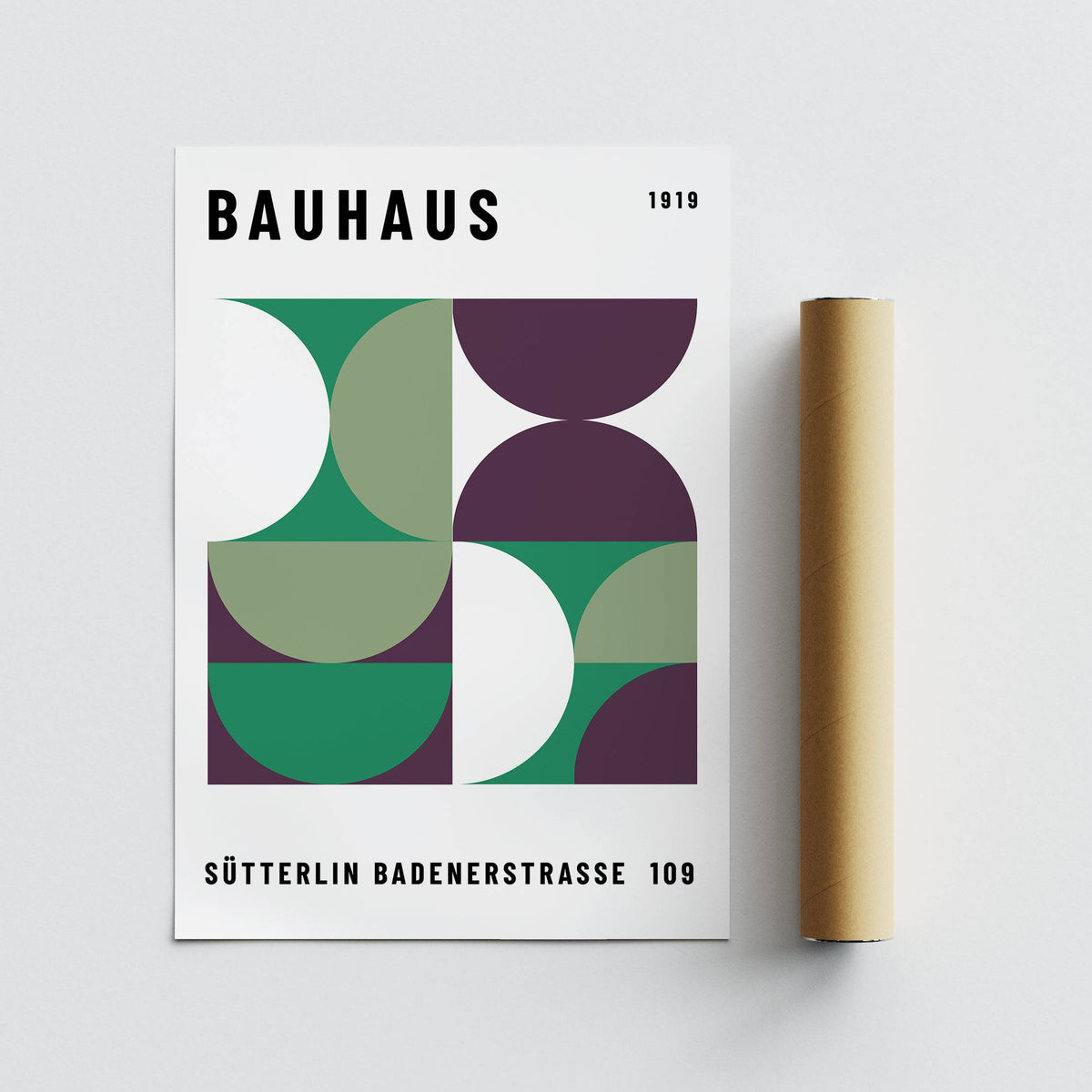 Mid century modern art in green and plum tones