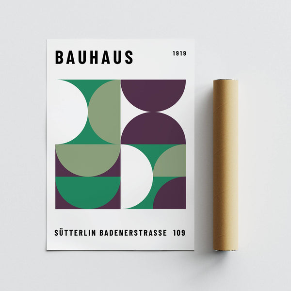 Mid century modern art in green and plum tones