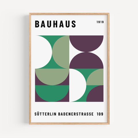 Bauhaus geometric poster green and plum design
