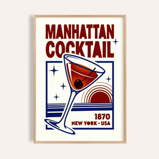 Manhattan Cocktail Art Print with red and blue for kitchen wall art