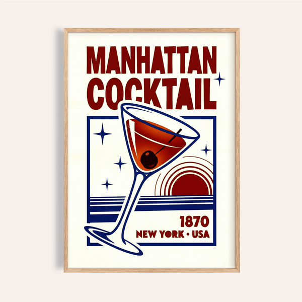 Manhattan Cocktail Art Print with red and blue for kitchen wall art