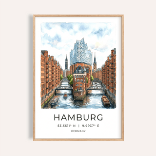Watercolor Hamburg canal poster with bridges, brick warehouses, and boats