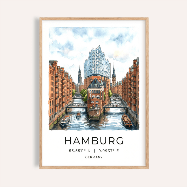 Watercolor Hamburg canal poster with bridges, brick warehouses, and boats