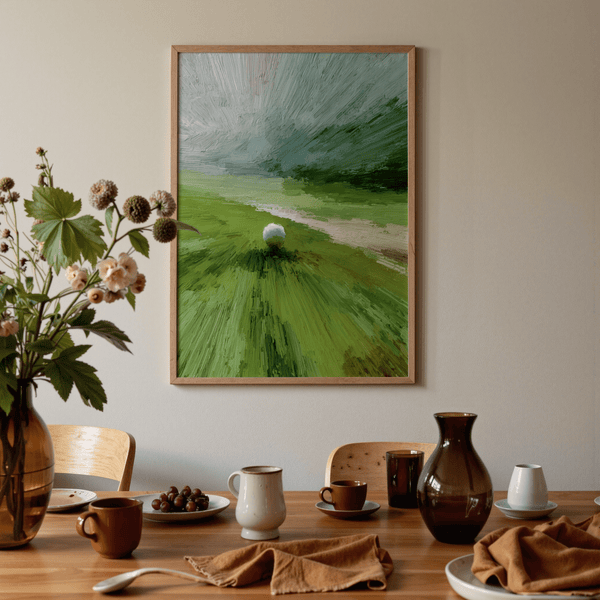 Wide horizon golf landscape in soft greens blues and beiges