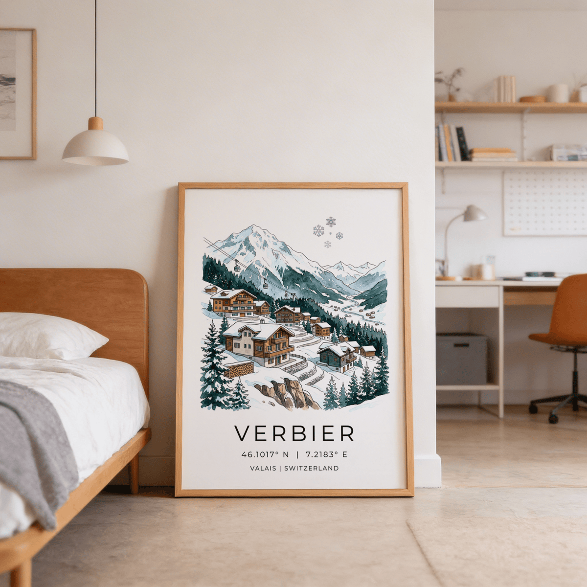 Scenic winter mountain wall art print with evergreen forest, snowy rooftops, and valley view