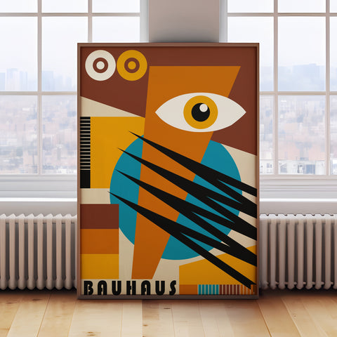 Modern geometric artwork featuring bold shapes and a colourful Bauhaus design