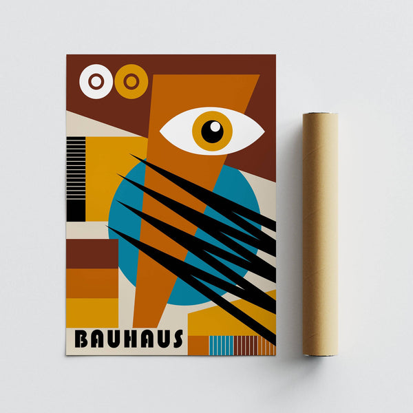 Creative workspace featuring colorful geometric poster