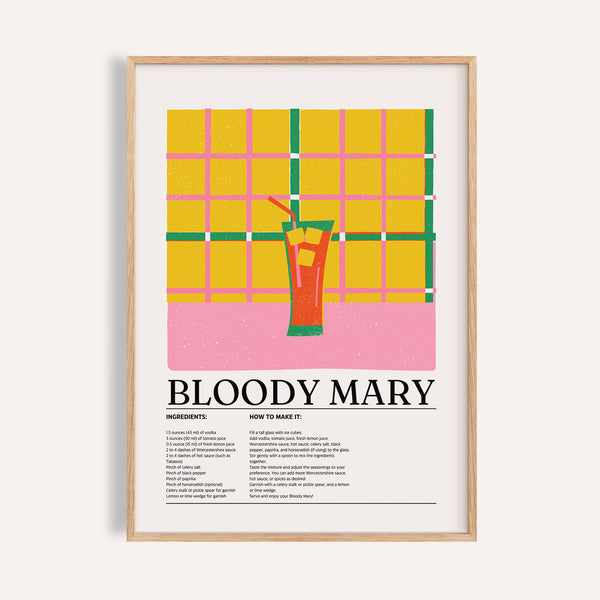 Tall Bloody Mary drink featured in retro drink poster with red and yellow palette

