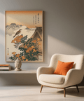 Japanese-inspired Mountain Landscape Poster with beige sky for a tranquil reading nook