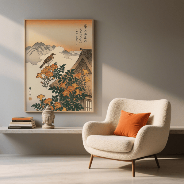 Japanese-inspired Mountain Landscape Poster with beige sky for a tranquil reading nook