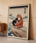 Punch Monkey Poster illustration featuring protective embrace on icy rocks