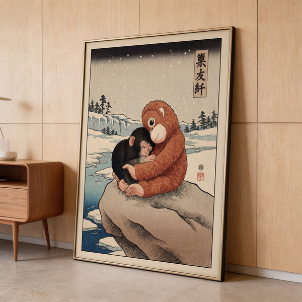 Punch Monkey Poster illustration featuring protective embrace on icy rocks