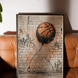 Close-up Basketball Graffiti Art Print with sharp black panel lines and overspray around the ball