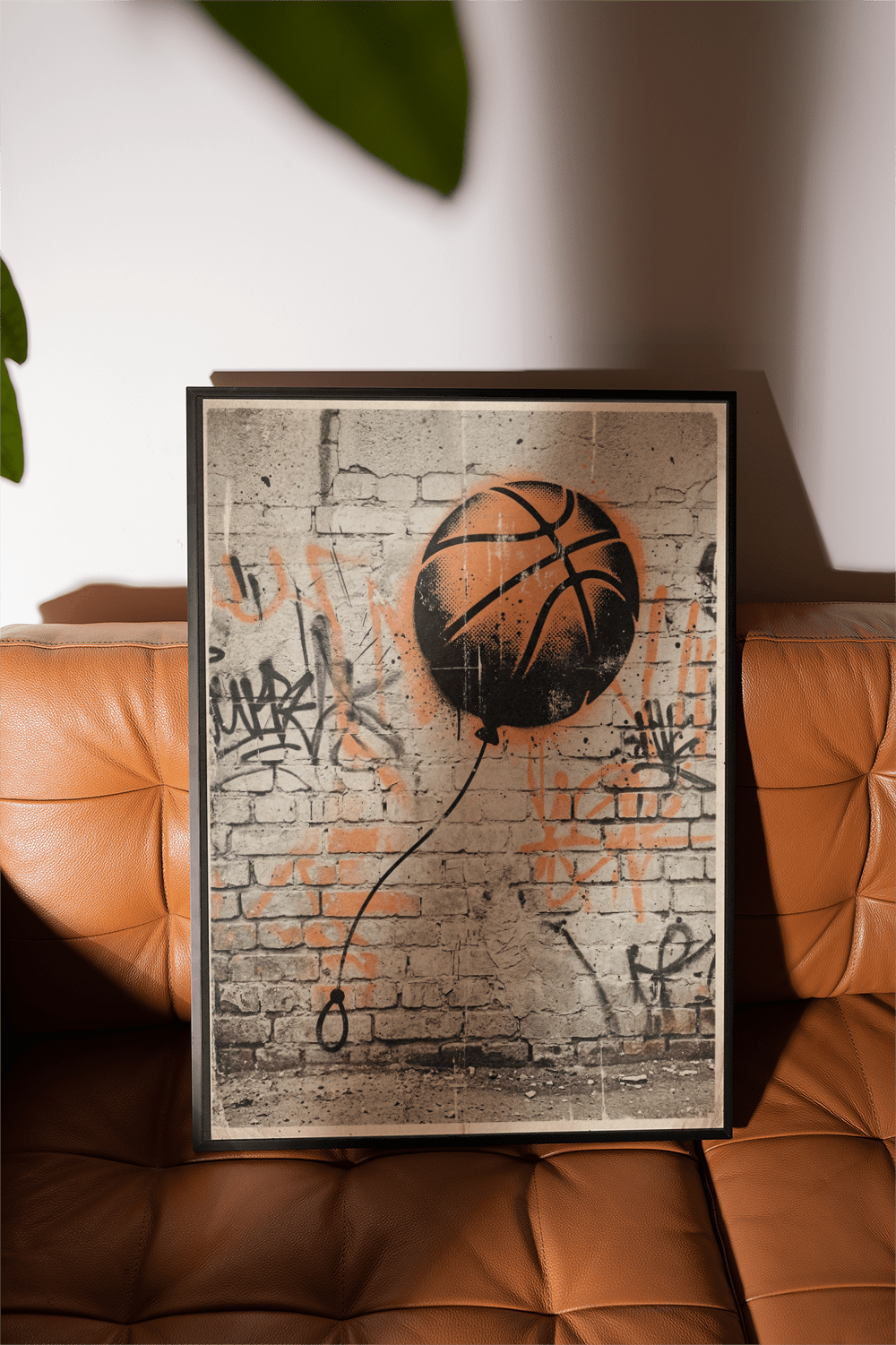 Close-up Basketball Graffiti Art Print with sharp black panel lines and overspray around the ball