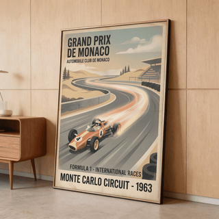 Vintage racing scene print featuring 1963 Grand Prix de Monaco typography and coastal hills