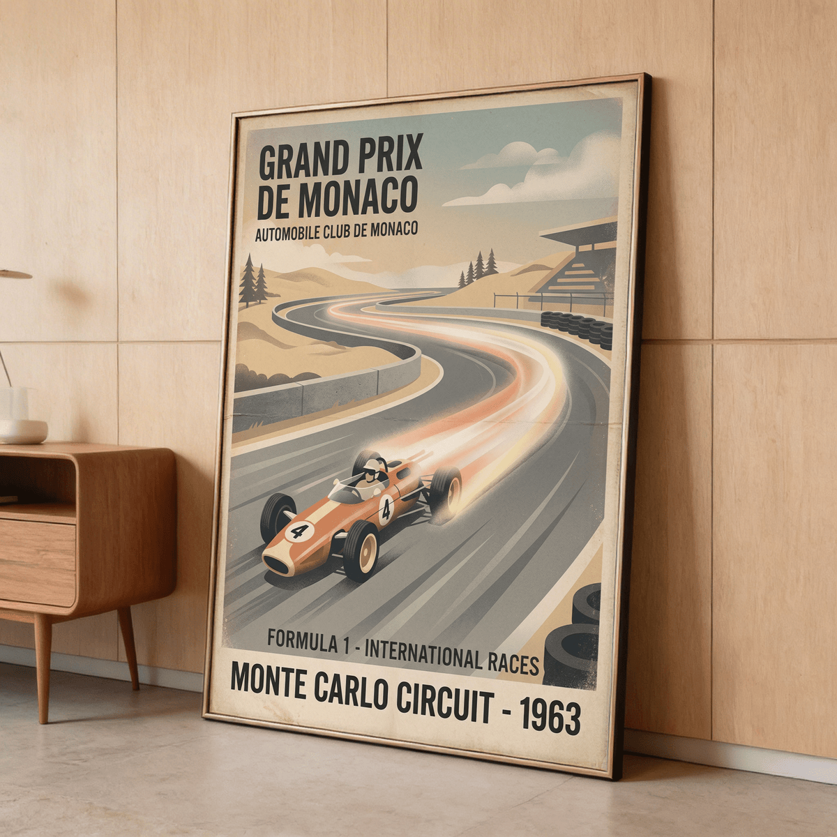Vintage racing scene print featuring 1963 Grand Prix de Monaco typography and coastal hills