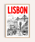 Lisbon Travel Art poster with red LISBON title and black line city landmarks
