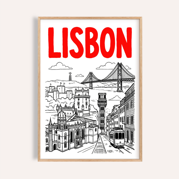 Lisbon Travel Art poster with red LISBON title and black line city landmarks