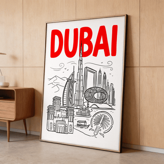 Museum of the Future ring and downtown towers in graphic poster style