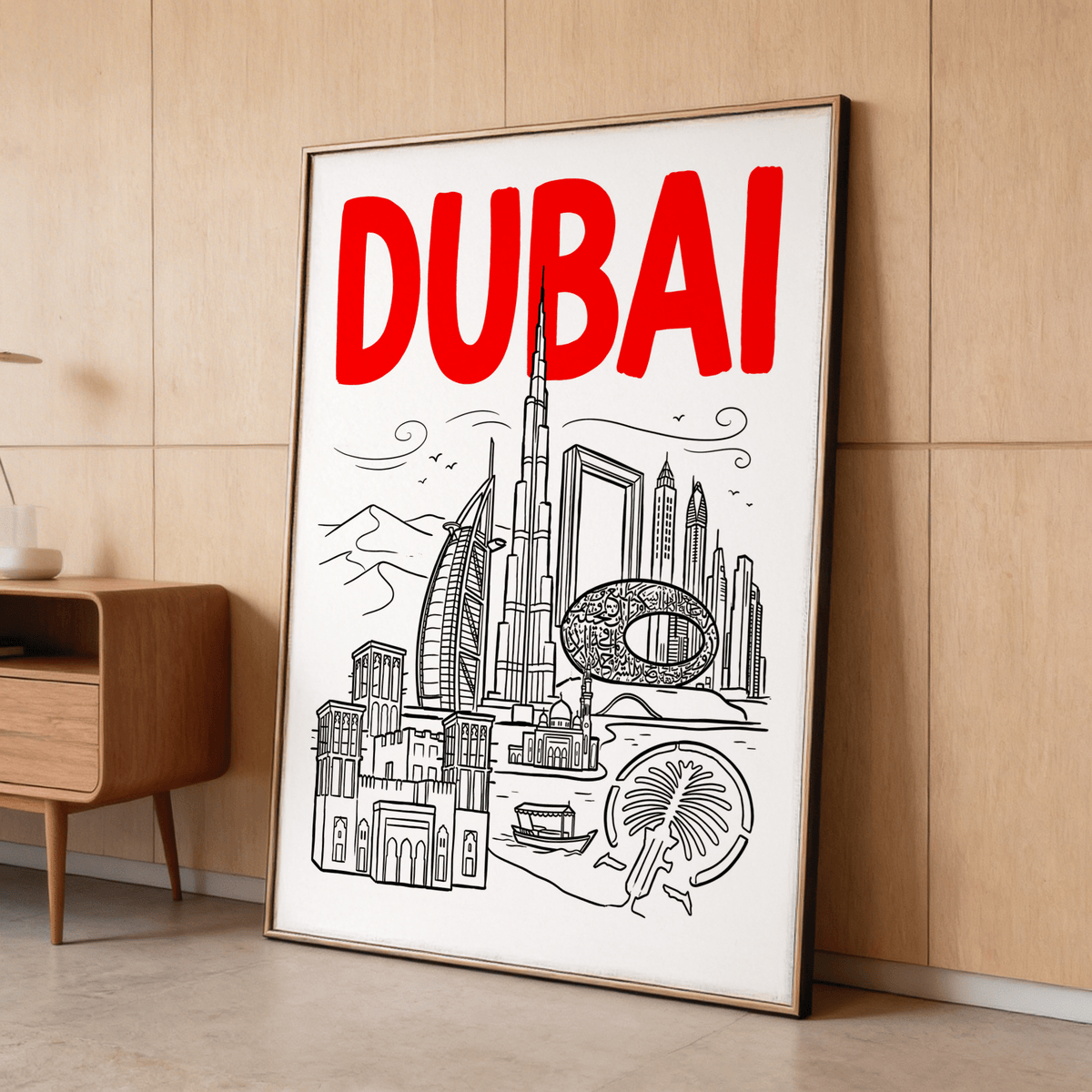 Museum of the Future ring and downtown towers in graphic poster style