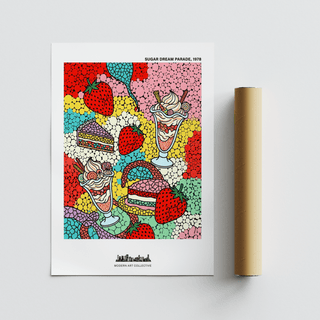Whimsical sweets illustration print with sundae glasses, candy swirls, and cake layers