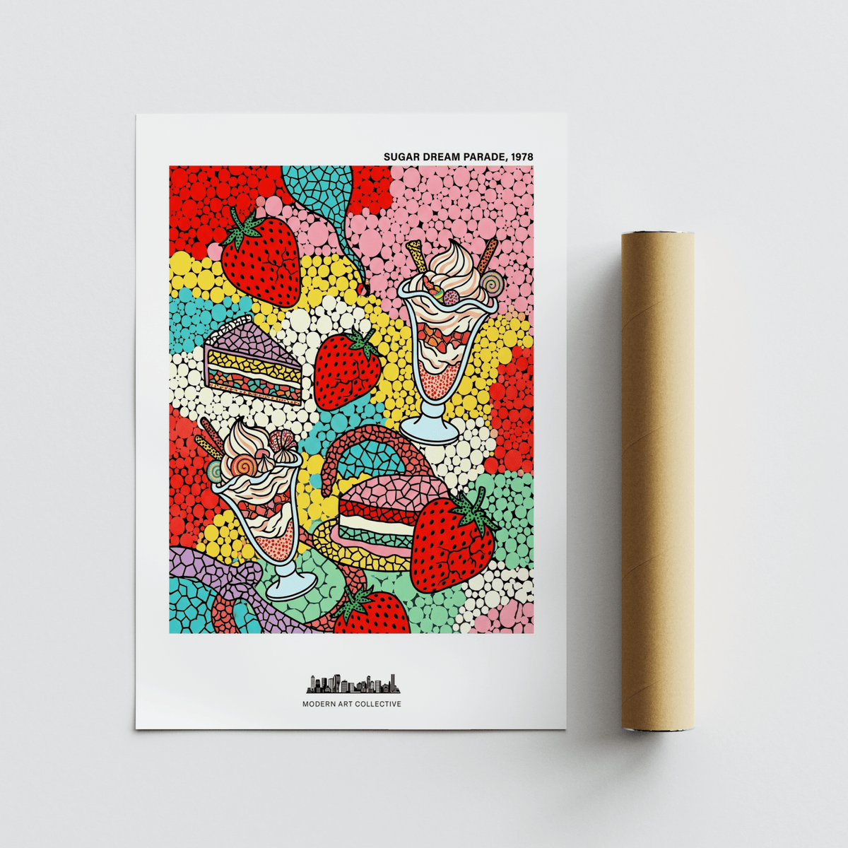 Whimsical sweets illustration print with sundae glasses, candy swirls, and cake layers